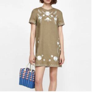 Zara Womens Linen Mini Dress Floral Embroidery M Short Sleeve